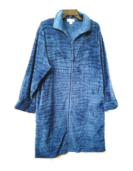 NEW Miss Elaine Jacquard Minky Fleece Short 39" Zipper Robe Blue Sz L #69328