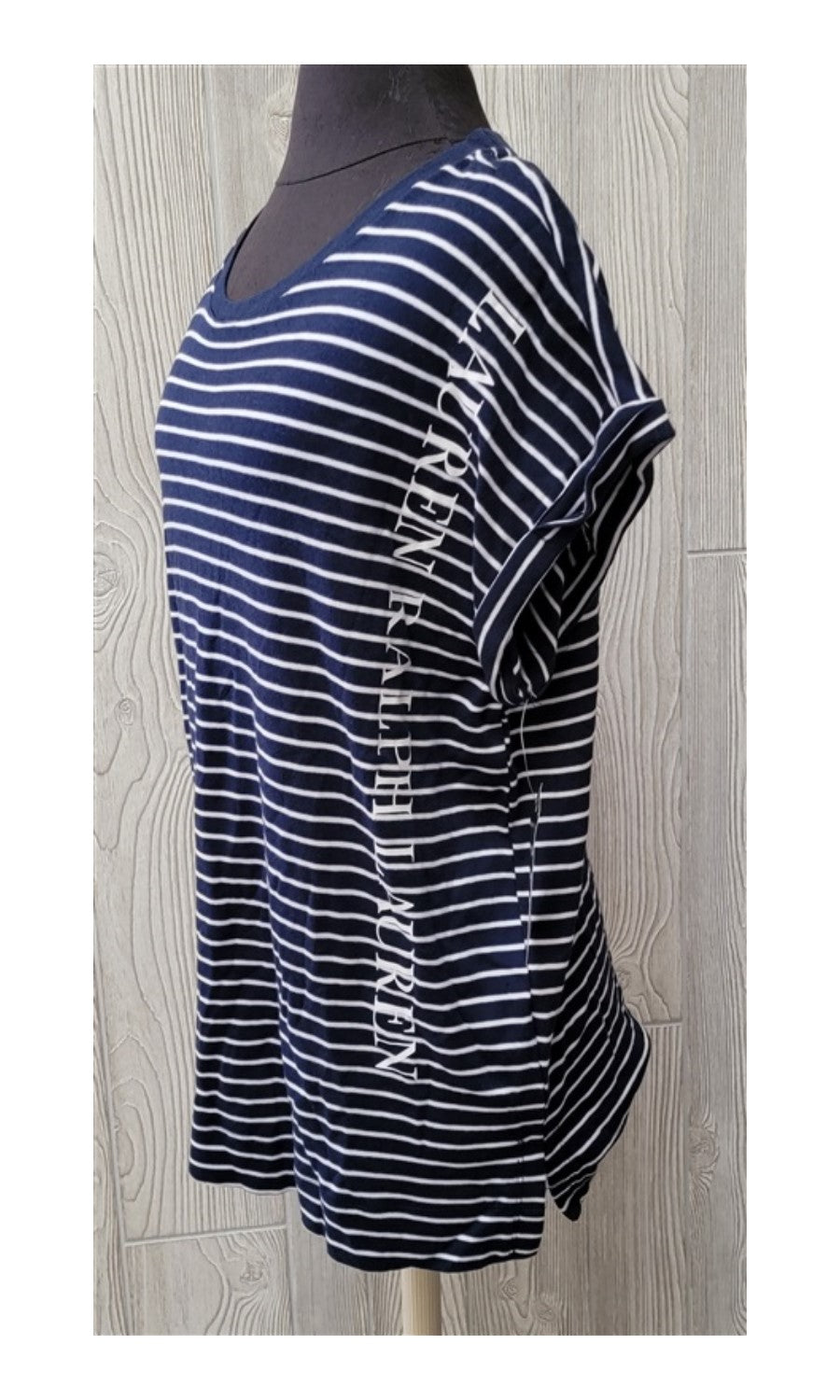 New Lauren Ralph Lauren LG Navy & White Stripe Logo Cotton T-Shirt #89571