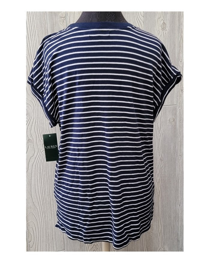 New Lauren Ralph Lauren LG Navy & White Stripe Logo Cotton T-Shirt #89571