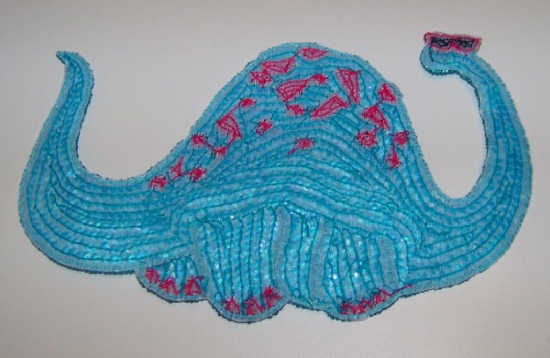 New Large Brontosaurus in Sunglasses Blue Dinosaur Sequin Bead Applique Patch