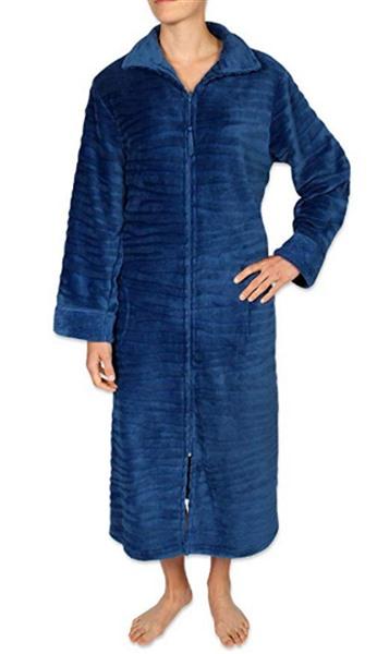 NEW Miss Elaine Jacquard Minky Fleece Long Zipper Robe Indigo Blue Sz M #68767