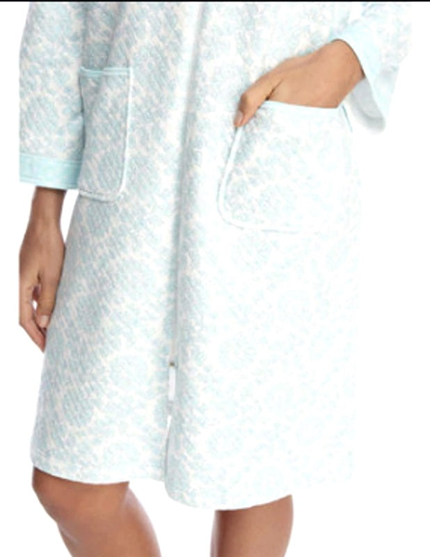 New Miss Elaine Cottonessa Quilted Knit Short Zip Robe 367809 Aqua LG #74049