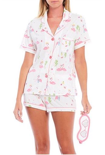 New PJ Salvage 1X Flamingo Printed Jersey Knit Top & Shorts Pajama Set #78867