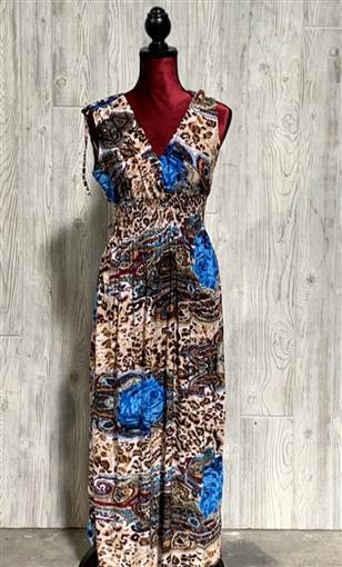 NWT Sibeijiao Deep V Neck Sundress Cheetah Blue Rose Print LG 01