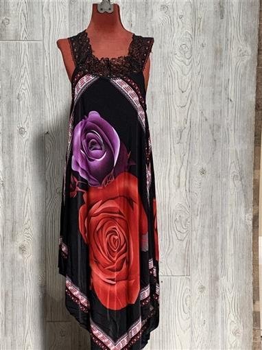 NWT Greek Key Red & Purple Roses Black Handkerchief Sundress Midi Dress L 03