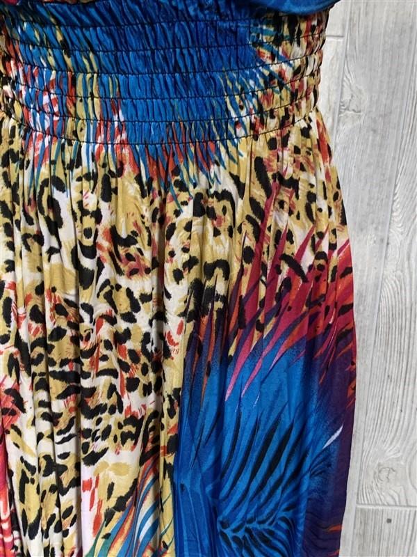 NWT V-Neck Maui Jungle Cheetah Blue & Pink Stretch Sundress Midi Dress L 01