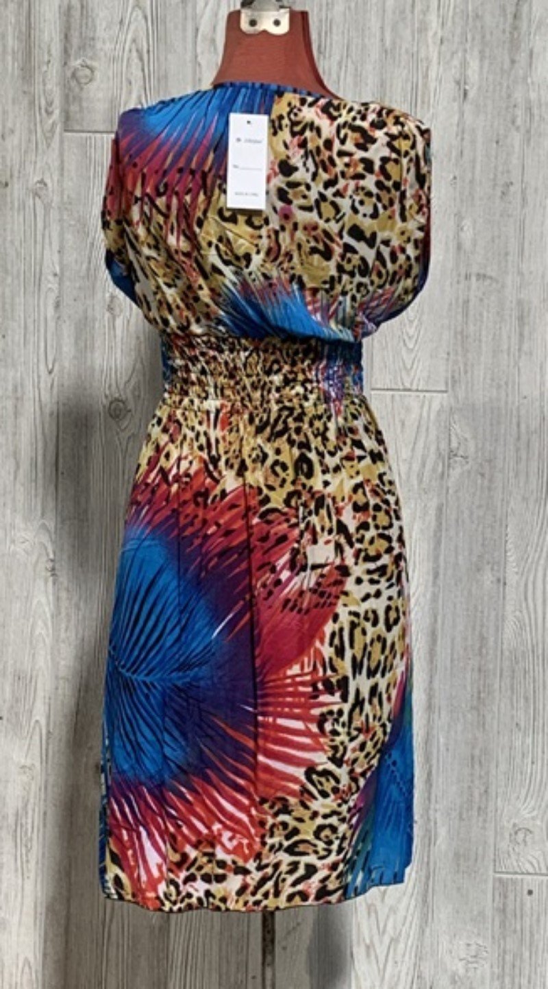 NWT V-Neck Maui Jungle Cheetah Blue & Pink Stretch Sundress Midi Dress L 01