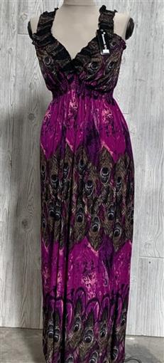 NWT V-Neck Sleeveless Purple & Peacock Print Stretch Maxi Dress Sundress L 09