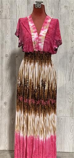 NWT Tahitian Lace Sunset Print V-Neck Stretch Maxi Dress Sundress L Pink #19