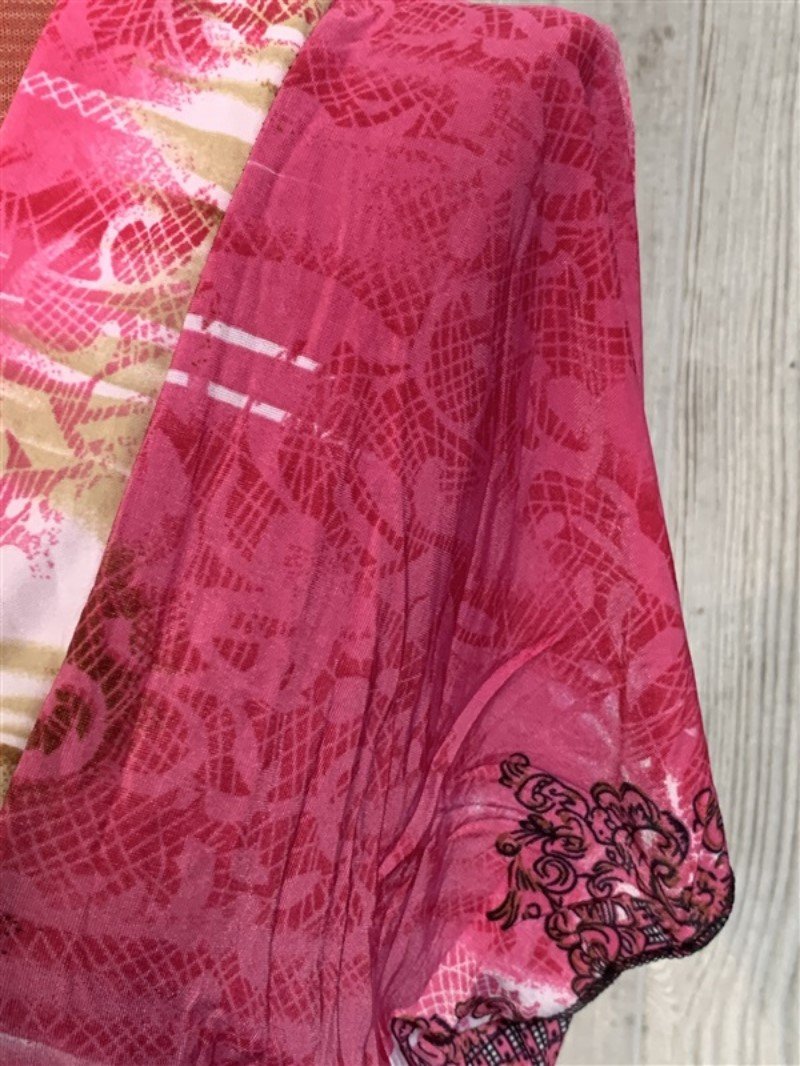 NWT Tahitian Lace Sunset Print V-Neck Stretch Maxi Dress Sundress L Pink #19