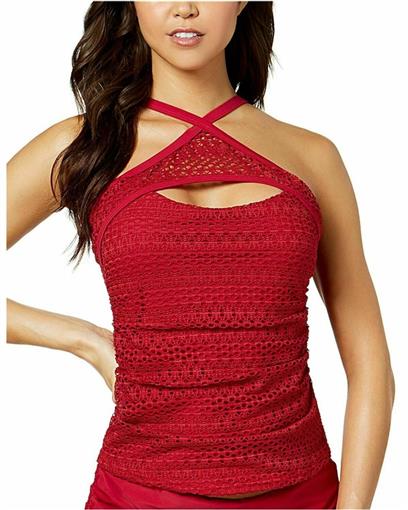 Island Escape SZ 14 Red Y760109 Aloha Tankini Lace Crochet Halter Swim Top 86819