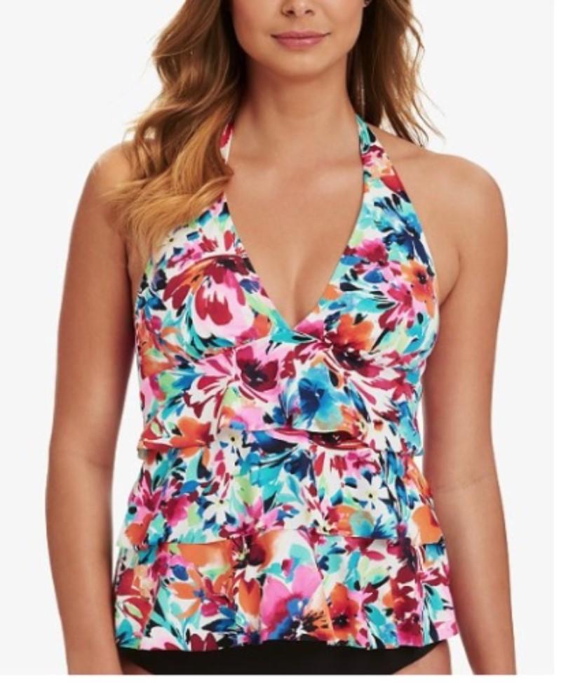 NWT Swim Solutions Shirred Floral Watercolor SZ 10 5513580 Tankini Top #92351