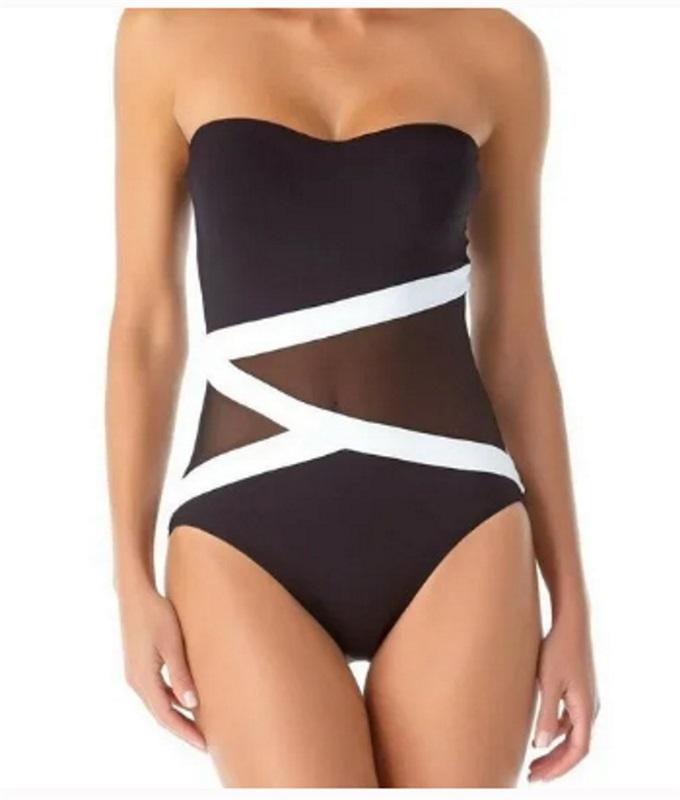 NWOT Anne Cole 6 Color Block Bandeau 1Pc Swimsuit Black White Sheer 92581