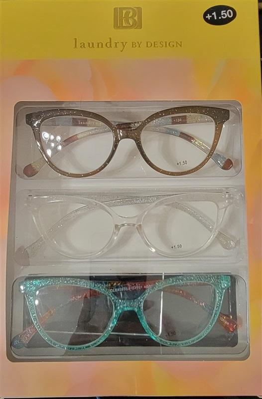 Laundry Design 3 Pair Cat Eye Glitter Frame Reading Nerd Glass Readers 1.5 92910