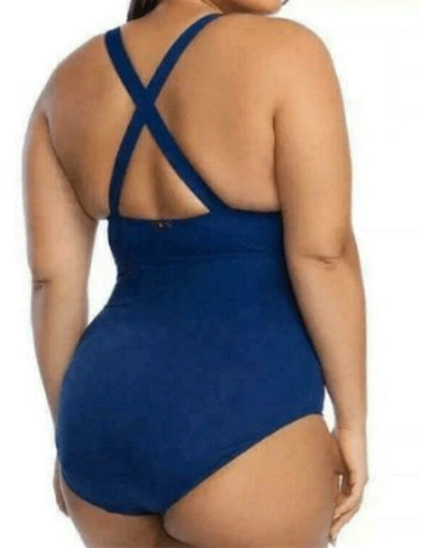 NWT Ralph Lauren 18W INDIGO Plunging Shaping 1pc Swimsuit Blue White 92987