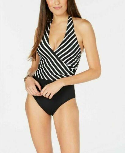 NWT Ralph Lauren 12 Black White Stripe Slimming 1PC Swimsuit 92992