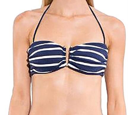 NWT Shohanna Swimwear Navy Striped M U-ring Neck Tie Bikini Swim Top #93111