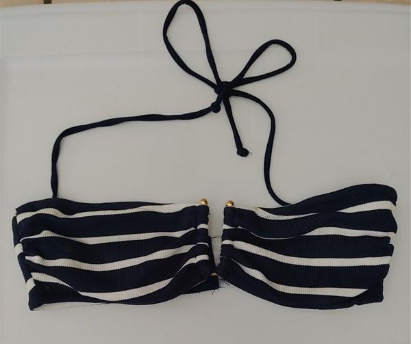 NWT Shohanna Swimwear Navy Striped M U-ring Neck Tie Bikini Swim Top #93111
