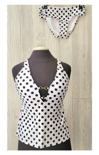 NWOT ATHENA 6 Chain Detail Black & White Polka Dot Tankini 2pc Swimsuit #94060