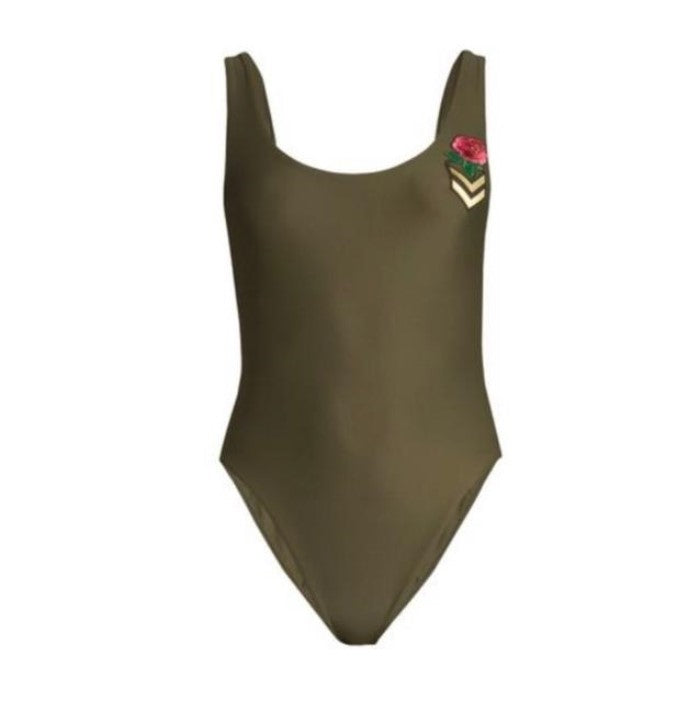 NWT Wildfox XS Candice Rose Chevron Embroidered Patches Swimsuit Olive #94321