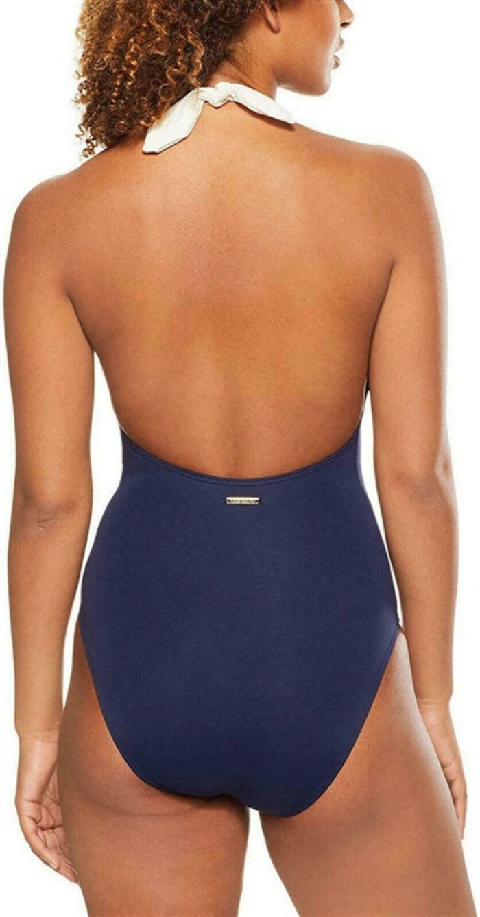 NWT Vince Camuto 14 Cruise Halter Neck One Piece Swimsuit Navy & White #94634