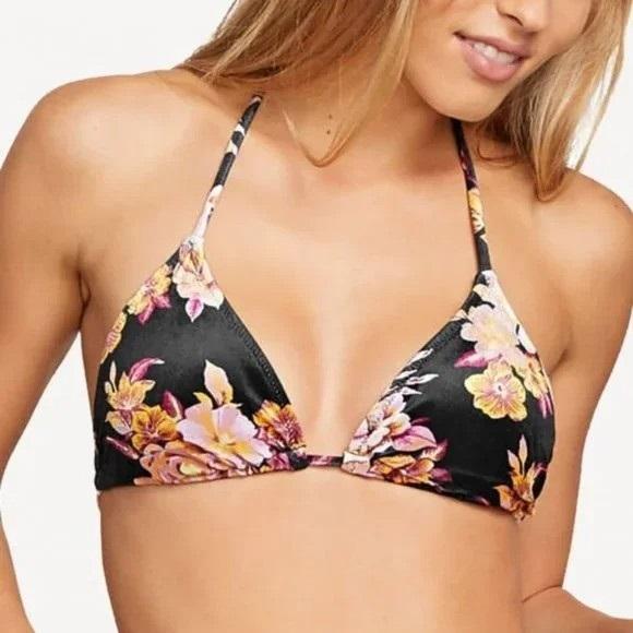 NWOT Volcom Hibiscus Rose Floral Triangle Halter Bikini Swim Top #94998