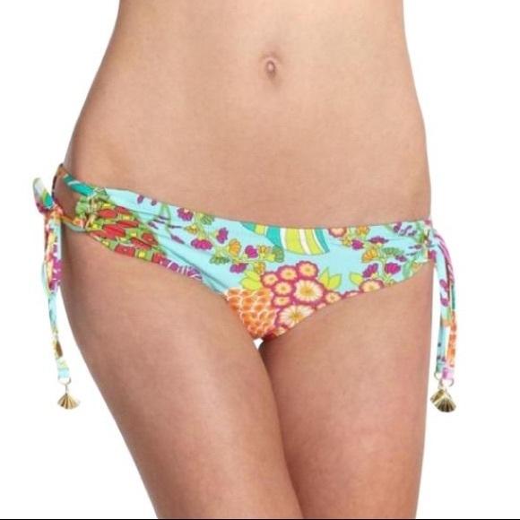 NWT Trina Turk Tokyo Bay Aqua SZ 2 Floral Side Tie Bikini Swim Bottoms #95028