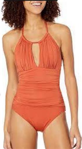 NWOT Kenneth Cole M Core Power High Neck Shirred 1pc Swimsuit Orange 95064