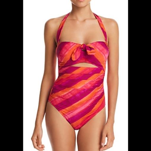 NWT Ralph Lauren 14 Tie Front Stripe Halter Key Hole 1pc Swimsuit 95149