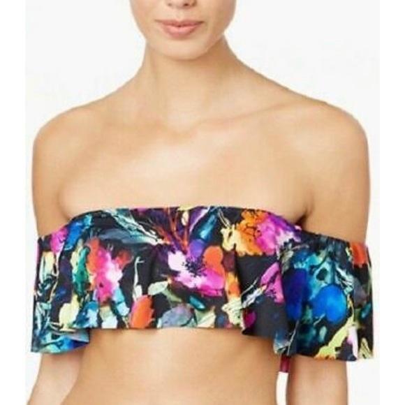 NWOT Bar iii Watercolor Floral Off Shoulder M Flounced Bandeau Bikini Top #95406