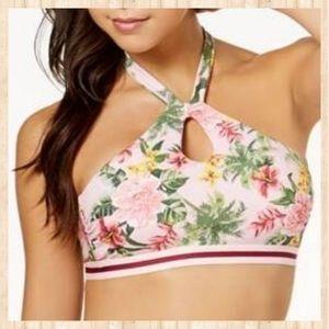 NWOT Hula Honey Pink Floral High-Neck Keyhole Banned Bikini Swim Top #95432