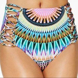 NWT Bar iii Sunburst Geo XS High-Waisted Strappy Bikini Swim Bottoms #95496