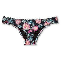 NWOT Shade & Shore Black Floral S Ruffled Cheeky Bikini Swim Bottoms #95563