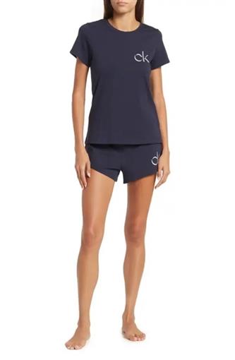 New Calvin Klein LG 2-Piece Solid Refresh Short Sleeve Shorts PJ Set Navy #96089