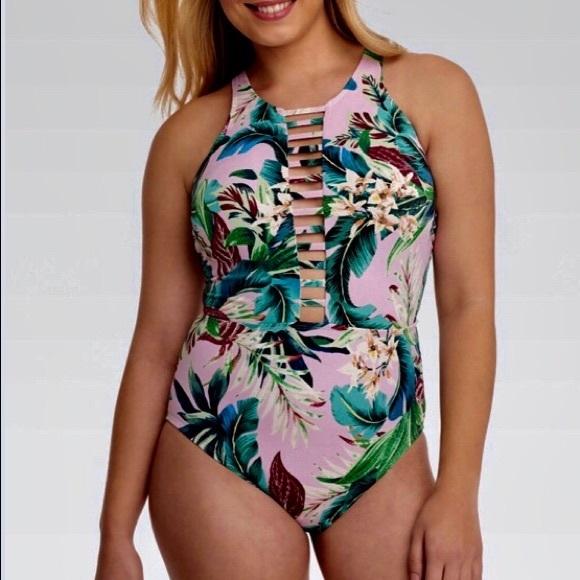 NWT Beach Betty By Miracle Brands L Pink Palm High-Neck One-Piece Swimsuit 96181
