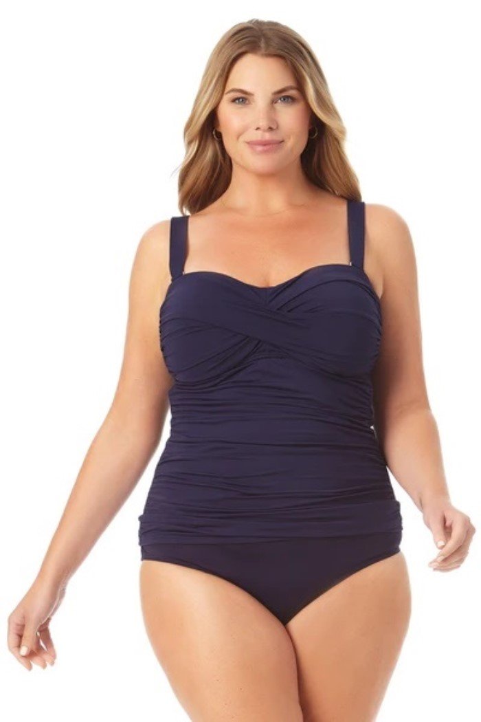 NWT Anne Cole 16W Twist-Front Ruched Bandeau Tankini Top MYPT25001 Navy #96331