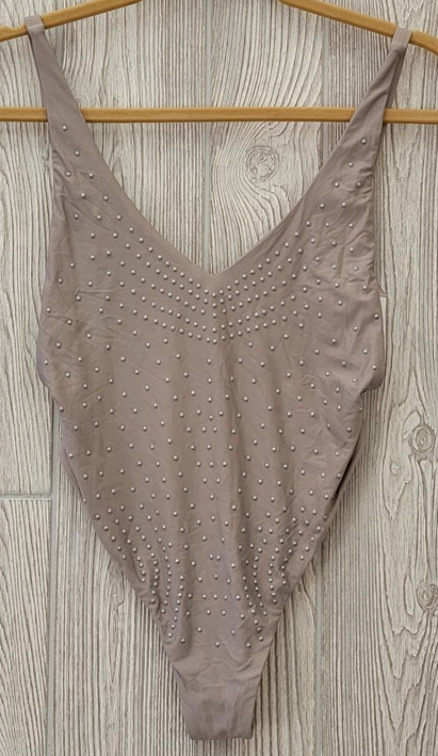 NWOT Barefoot Miss of California S Taupe Pearl Deep V Swimsuit 96387