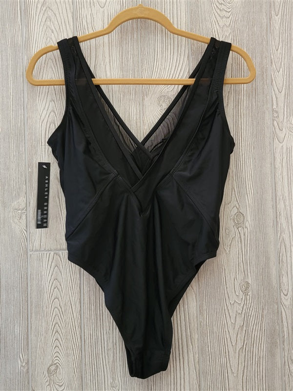 NWT Ashley Graham 6 Swimsuits for All Retro Textured Swimsuit Black 96390