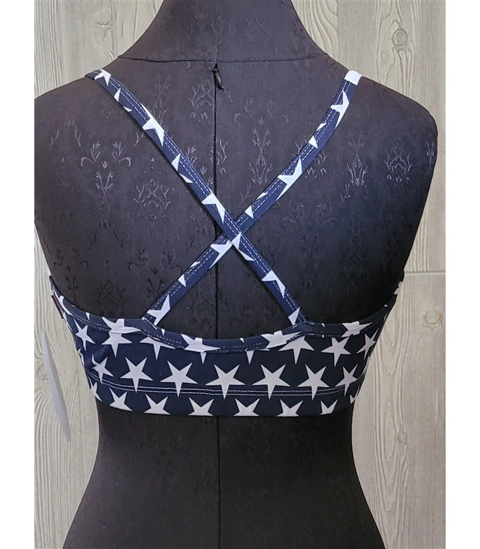 NWT Kos USA L Cross Back Dance Yoga Sports Bra 674 Stars & Stripes Flag #96512