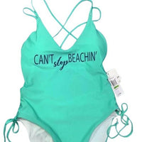 NWT BeachLingo Can't Stop Beachin' Teal Open-Back One-Piece Swimsuit #96621