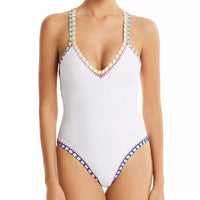 NWT Pilyq Platinum White M Rainbow Crochet Trim One-Piece Swimsuit #96775