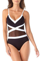 NWT Anne Cole Color Block SZ 8 Sheer V-Neck Onepiece Swimsuit #96792