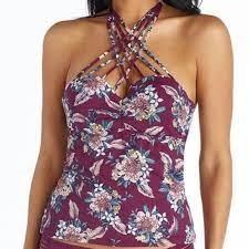 NWOT Ambrielle Burgundy Strappy High-Neck Floral Tankini Swim Top #