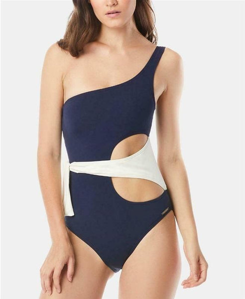 NWOT Vince Camuto Navy Colorblock Side Tie One-Shoulder One-Piece Swimsuit 96811