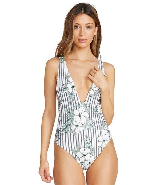 NWT Volcom So Tropical SM Plunge Open-Back One-Piece Swimsuit #96874