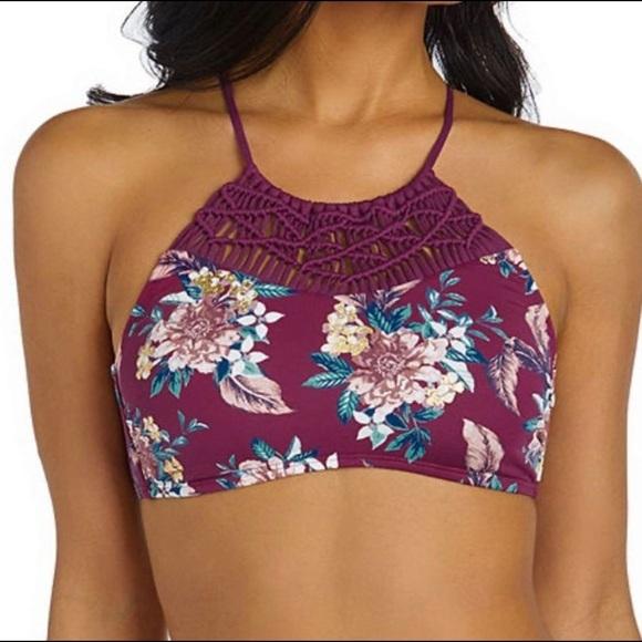 NWOT Ambrielle Maroon Floral High-Neck Crochet Bikini Swim Top #96892