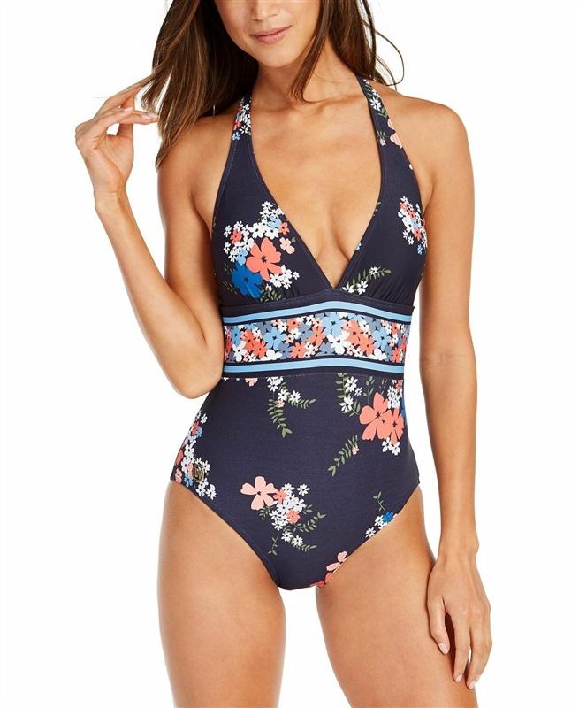 NWT Michael Kors Navy Floral SZ 10 Halter One-Piece Swimsuit #96918