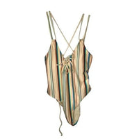 NWT BeachLingo Beige Striped Strappy V-Neck One-Piece Swimsuit #96929