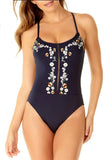NWT Anne Cole 6 Embroidered Lace Up Back Vintage Maillot 1PC Swimsuit 96990
