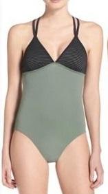 NWOT Zella Olive Colorblock M Netted V-Neck One-Piece Swimsuit #97010